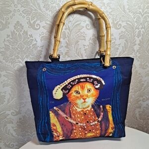 SalamanderGraphix Canvas Shopper Bag Cat Majesty Sequin Detail Bamboo Handle EUC